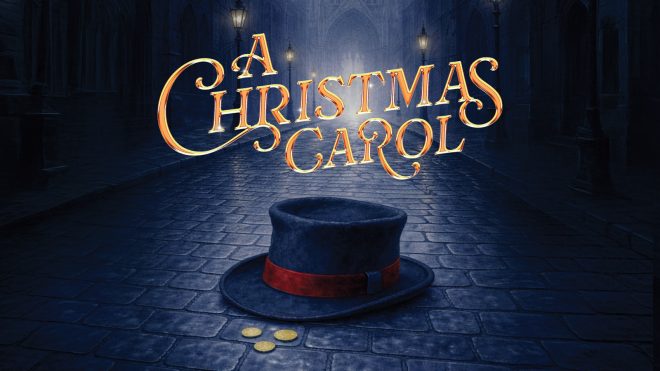 A Christmas Carol text on top of an image of a street with street lights, a top hat, and some coins laying in the street.