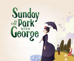 Sunday in the Park with George text on a painting of a woman holding an umbrella